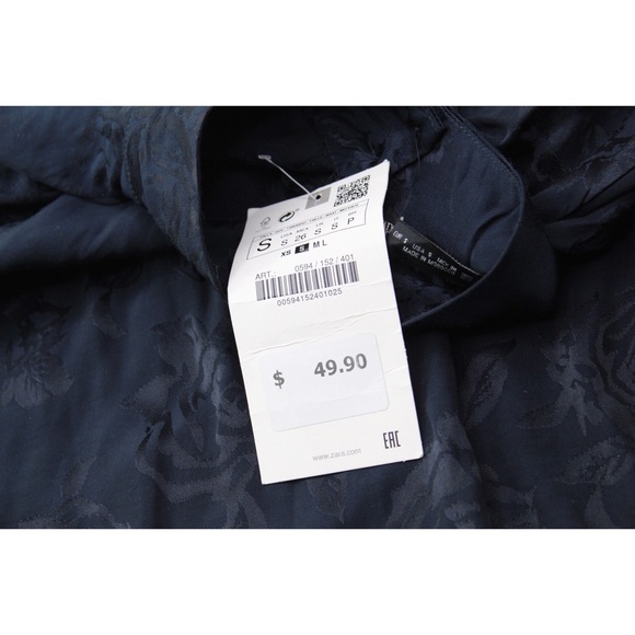 Zara NWT Navy Blue High Neck Puff Sleeve Jacquard Blouse Small Long Sleeve - Picture 9 of 9